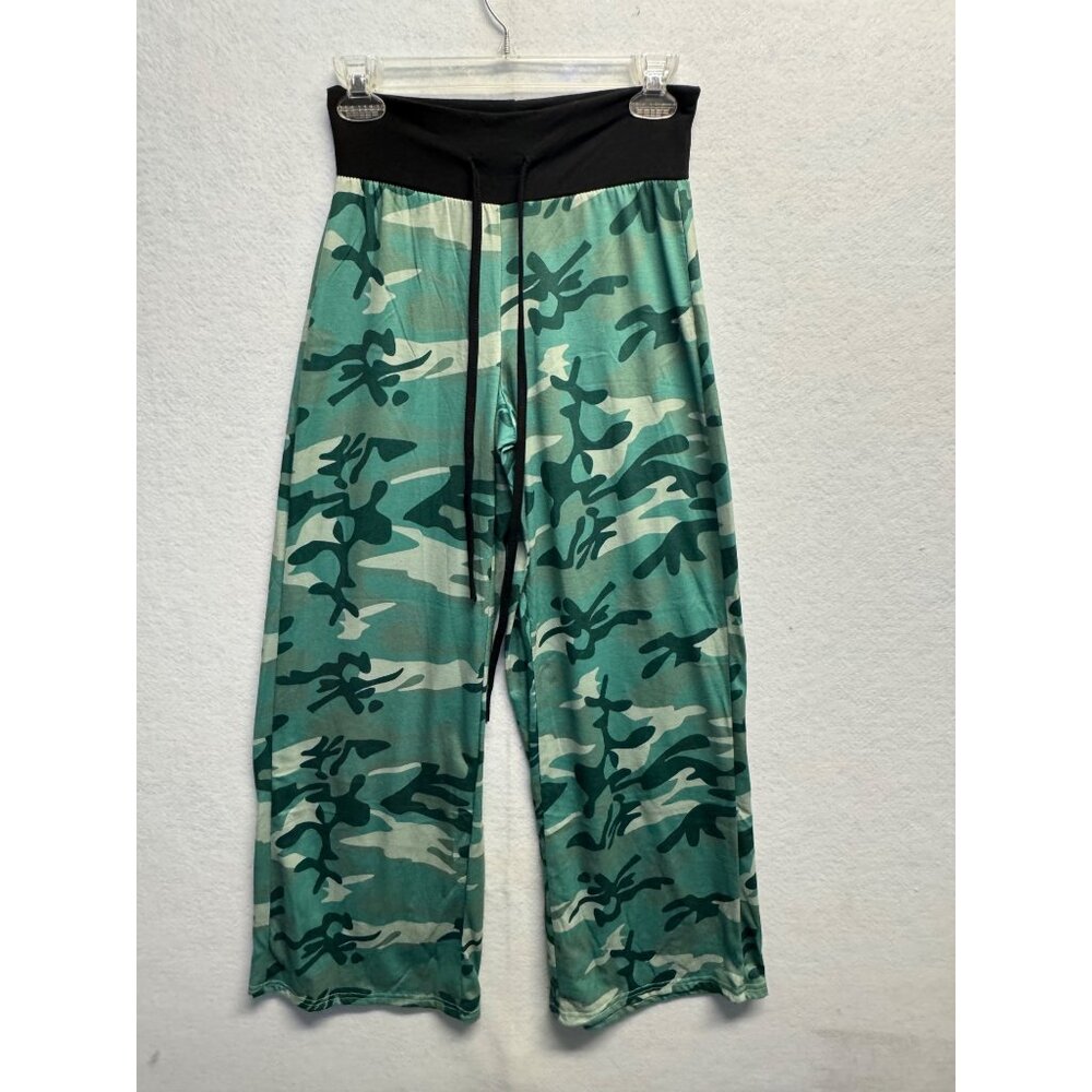 Green Camo Wide-Leg Pants With Black Waistband & Drawstring